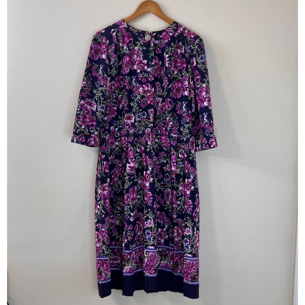 Vintage Breli Originals Floral Midi Dress Navy Purple ILGWU USA Made Size 12